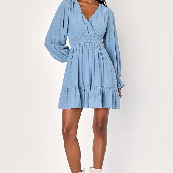Lulus Dresses & Skirts - Lulu's Blue Tiered Mini Dress with Bishop Sleeves